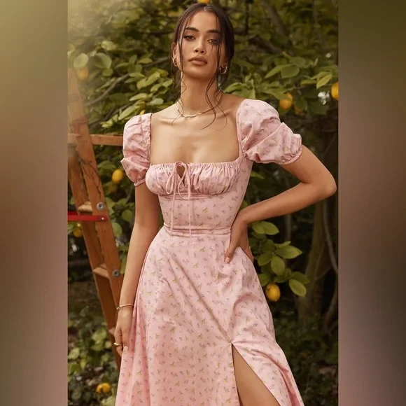 tallulah puff sleeve midi dress House of CB | Dresses | House Of Cb Tallulah Pink Floral Puff Sleeve Midi  Dress